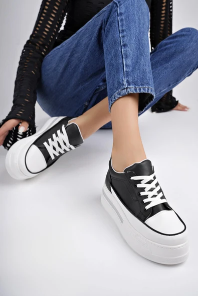 Muggo TOMOVA Garantili Günlük Kalın Taban Bağcıklı Taşlı Kadın Sneaker Spor Ayakkabı    SİYAH- BEYAZ 37 - 5