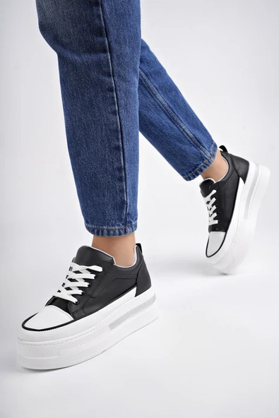 Muggo TOMOVA Garantili Günlük Kalın Taban Bağcıklı Taşlı Kadın Sneaker Spor Ayakkabı    SİYAH- BEYAZ 37 - 7