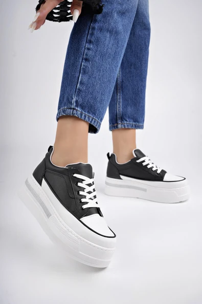 Muggo TOMOVA Garantili Günlük Kalın Taban Bağcıklı Taşlı Kadın Sneaker Spor Ayakkabı    SİYAH- BEYAZ 37 - 6