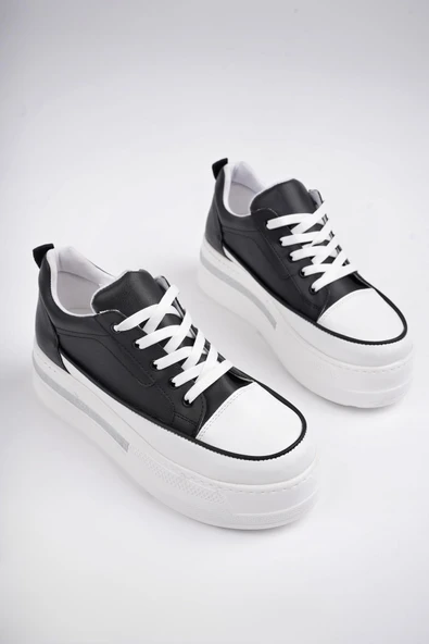 Muggo TOMOVA Garantili Günlük Kalın Taban Bağcıklı Taşlı Kadın Sneaker Spor Ayakkabı    SİYAH- BEYAZ 37 - 3
