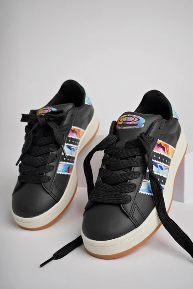 Muggo FLOWER Garantili Kadın Ortopedik Günlük Bağcıklı Yürüyüş Koşu Sneaker Spor Ayakkabı  SİYAH- BEYAZ 39