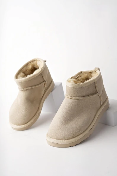 Muggo SNOW Garantili Unisex Çocuk Kalın Taban İçi Tüylü Günlük Mini Yarım Bot  BEJ 28
