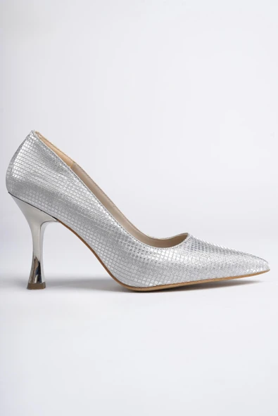 Muggo YOWEL Garantili Sivri Burun Kadın Topuklu Stiletto Ayakkabı  GÜMÜŞ 40