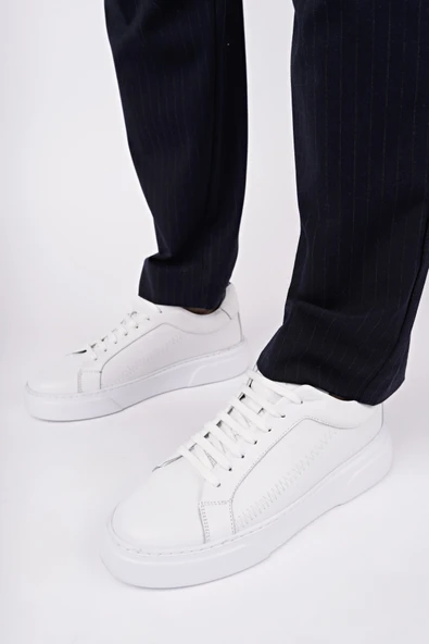 Muggo RİDER Bağcıklı Hakiki Deri Kalın Taban Erkek Günlük Sneaker Spor Ayakkabı  BEYAZ 41 - 5
