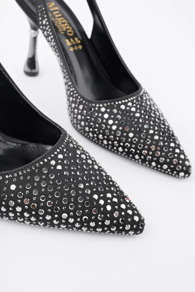 Muggo JİSOO Sivri Burun Taşlı Arkası Açık Klasik Topuklu Kadın Abiye Ayakkabı  SİYAH 40 - Resim 5