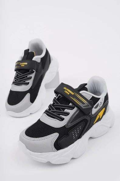 Muggo PANTER Kalın Taban Cırtlı ve Bağcıklı Unisex Çocuk Sneaker Spor Ayakkabı  SİYAH 34