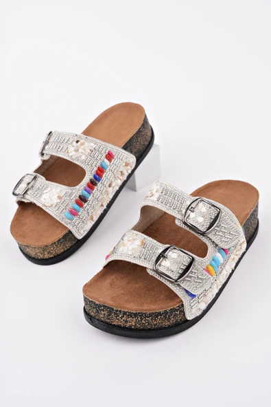 Muggo DELBİN Çift Bantlı Taşlı Ayarlanabilir Kemerli Günlük Kadın Terlik - 7