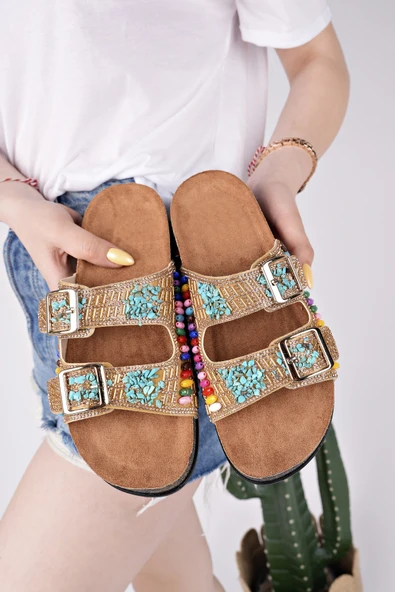 Muggo DELBİN Çift Bantlı Taşlı Ayarlanabilir Kemerli Günlük Kadın Terlik - 12