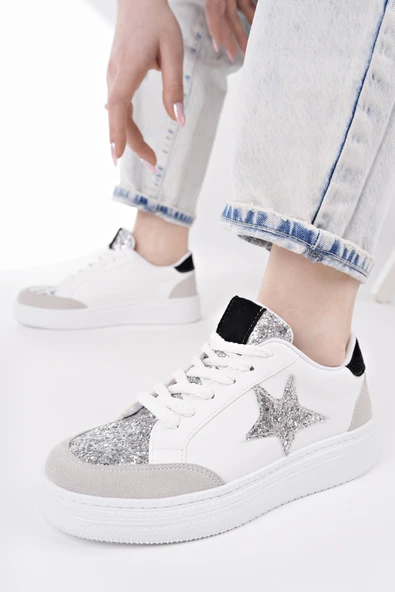 Muggo BONNİE Kadın Kalın Taban Taşlı Leopar Desenli Bağcıklı Günlük Sneaker Spor Ayakkabı  BEYAZ 40 - 7