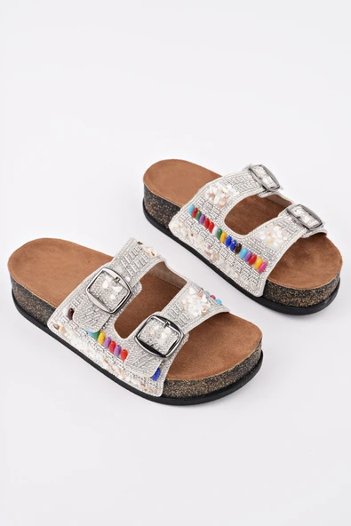 Muggo DELBİN Çift Bantlı Taşlı Ayarlanabilir Kemerli Günlük Kadın Terlik - 6