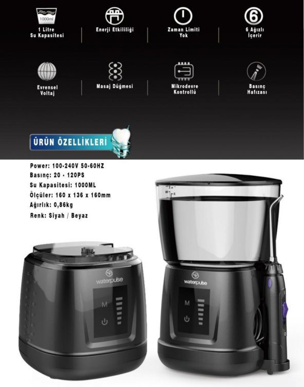 WaterPulse WP-V700Plus-B Water Flosser Profesyonel, Masajlı, 1000ml Diş/Protez Bakım ve Ağız Duşu - 9