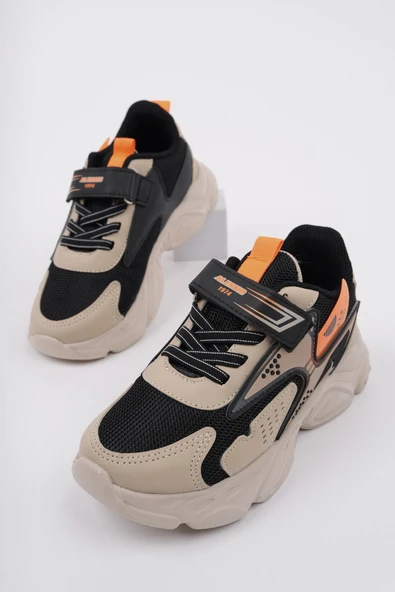 Muggo PANTER Kalın Taban Cırtlı ve Bağcıklı Unisex Çocuk Sneaker Spor Ayakkabı  BEJ 27