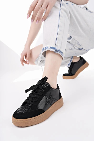 Muggo BONNİE Kadın Kalın Taban Taşlı Leopar Desenli Bağcıklı Günlük Sneaker Spor Ayakkabı  SİYAH 36