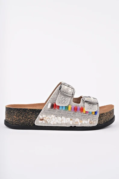 Muggo DELBİN Çift Bantlı Taşlı Ayarlanabilir Kemerli Günlük Kadın Terlik - 5