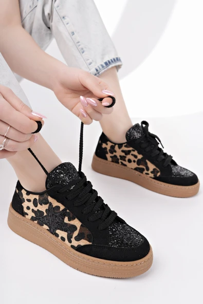 Muggo BONNİE Kadın Kalın Taban Taşlı Leopar Desenli Bağcıklı Günlük Sneaker Spor Ayakkabı  Leopar 39