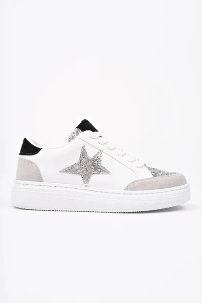 Muggo BONNİE Kadın Kalın Taban Taşlı Leopar Desenli Bağcıklı Günlük Sneaker Spor Ayakkabı  BEYAZ 40