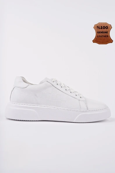 Muggo MORTA Kalın Taban Bağcıklı Hakiki Deri Erkek Günlük Sneaker Spor Ayakkabı  BEYAZ 42