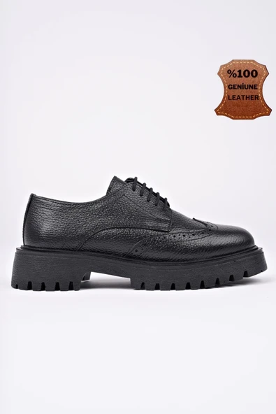 Muggo AMOUR  Bağcıklı Hakiki Deri Kalın Taban Günlük Casual Makosen Kadın Loafer Ayakkabı  SİYAH 40