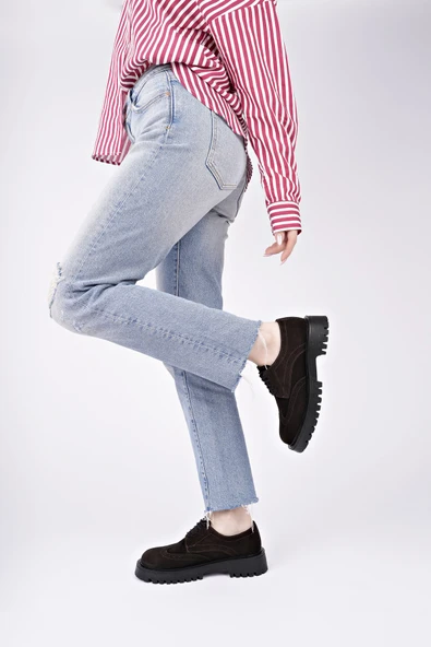 Muggo AMOUR  Bağcıklı Hakiki Deri Kalın Taban Günlük Casual Makosen Kadın Loafer Ayakkabı  KAHVERENGİ - SÜET 36 - Resim 9