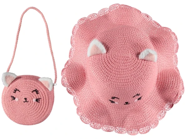 Premium Kız Çocuk Hasır Fötr Şapka Çanta Set The Cats Model 4/8 YAŞ