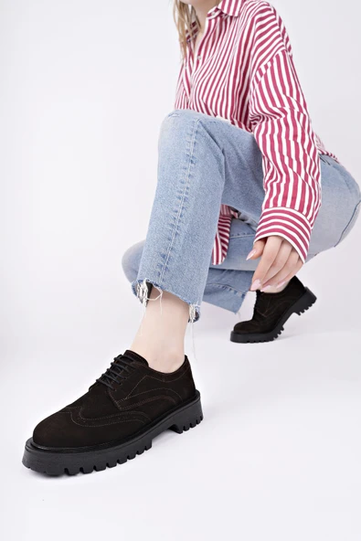 Muggo AMOUR  Bağcıklı Hakiki Deri Kalın Taban Günlük Casual Makosen Kadın Loafer Ayakkabı  KAHVERENGİ - SÜET 36 - Resim 8