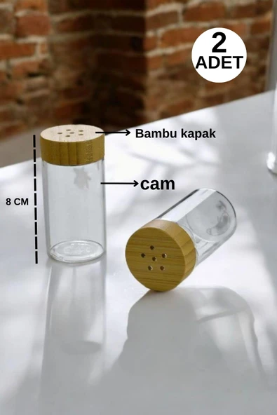 2 Li Bambu Kapaklı Cam Tuzluk,Baharatlık 8 Cm - 2