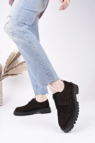 Muggo AMOUR  Bağcıklı Hakiki Deri Kalın Taban Günlük Casual Makosen Kadın Loafer Ayakkabı  KAHVERENGİ - SÜET 36 - Resim 7