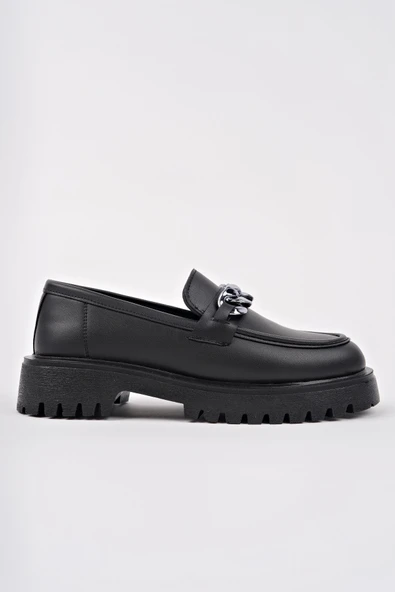 Muggo DAİLY Kalın Taban Tokalı Günlük Casual Makosen Kadın Loafer Ayakkabı  SİYAH 37