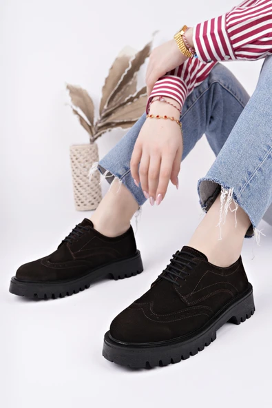 Muggo AMOUR  Bağcıklı Hakiki Deri Kalın Taban Günlük Casual Makosen Kadın Loafer Ayakkabı  KAHVERENGİ - SÜET 36 - Resim 5