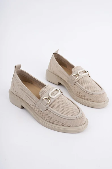 Muggo SAKURA Metal Tokalı Triko Kadın Loafer Günlük Makosen Ayakkabı  BEJ 38