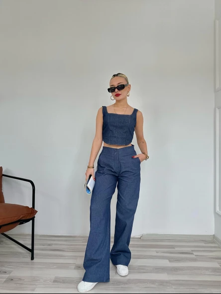 Kadın Denim Kare Yaka Bluz Mavi - Resim 3