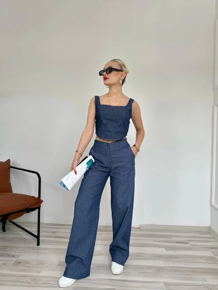 Kadın Denim Kare Yaka Bluz Mavi - Resim 4