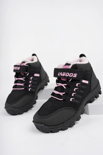 Muggo BOB Garantili Bağcıklı Cırtlı İçi Kürklü Unisex Çocuk Outdoor Kışlık Bot   Siyah-Pudra 33