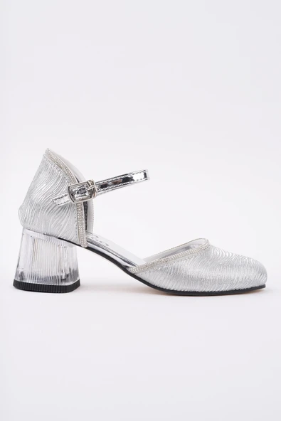 Muggo ELSE Bilekten Bağlamalı Simli Kız Çocuk Kısa Topuklu Ayakkabı  GÜMÜŞ 36 - Resim 3