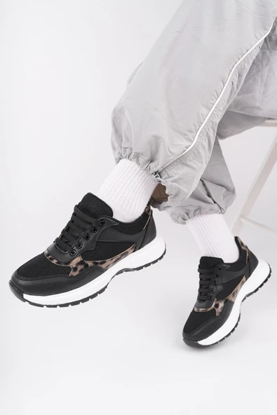 Muggo MELODY Kadın Kalın Taban Günlük Leopar Desenli Bağcıklı Sneaker Spor Ayakkabı  SİYAH 39 - 5