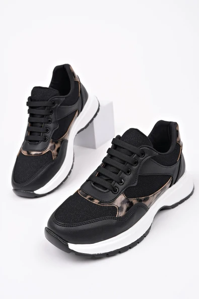 Muggo MELODY Kadın Kalın Taban Günlük Leopar Desenli Bağcıklı Sneaker Spor Ayakkabı  SİYAH 39 - 2