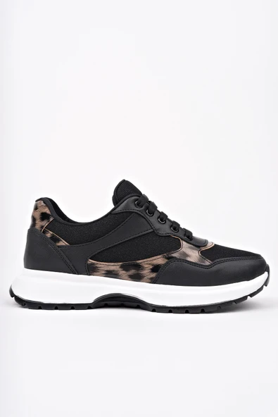 Muggo MELODY Kadın Kalın Taban Günlük Leopar Desenli Bağcıklı Sneaker Spor Ayakkabı  SİYAH 39