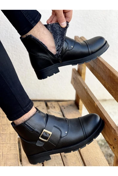 Muggo M1001 Su&soğuk Geçirmez Kürklü Garantili Unisex Kışlık Fermuarlı Bot Kauçuk Taban Sağlam  SİYAH 44
