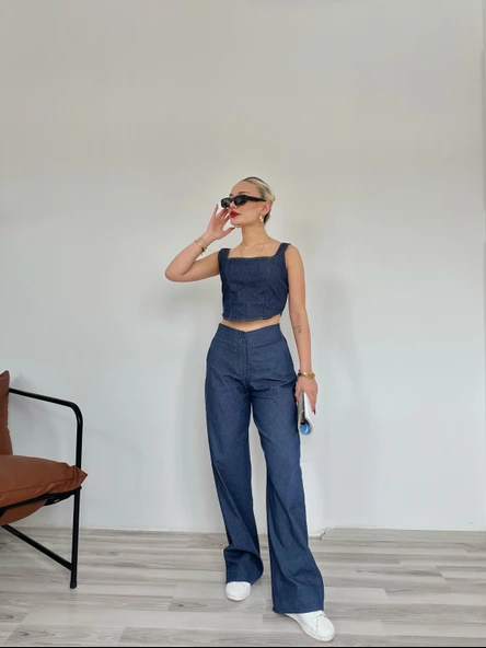 Kadın Denim Kare Yaka Bluz Mavi - Resim 2