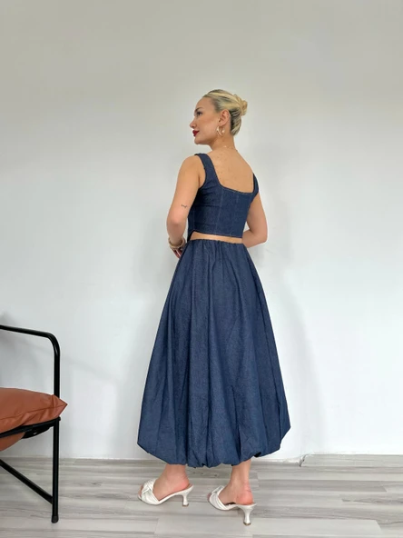 Kadın Denim Balon Etek Mavi - Resim 3