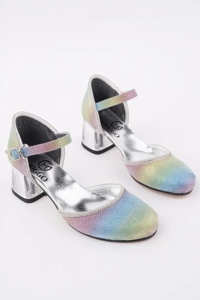 Muggo ELSE Bilekten Bağlamalı Simli Kız Çocuk Kısa Topuklu Ayakkabı  MOR 36 - Resim 2