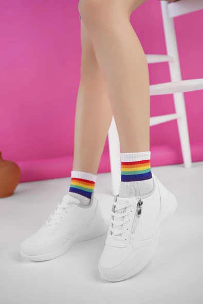 Muggo ASİA Garantili Kadın Ortopedik Günlük Bağcıklı Yandan Fermuarlı Rahat Sneaker Spor Ayakkabı  BEYAZ 40