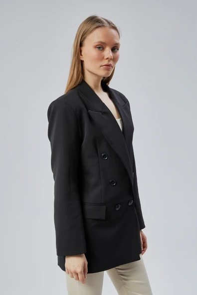 Siyah Oversize Kruvaze Yaka Astarlı Blazer Ceket - 7