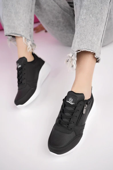 Muggo ASİA Garantili Kadın Ortopedik Günlük Bağcıklı Yandan Fermuarlı Rahat Sneaker Spor Ayakkabı  SİYAH- BEYAZ 37 - 4