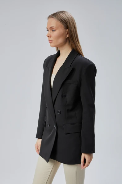 Siyah Oversize Kruvaze Yaka Astarlı Blazer Ceket - 6