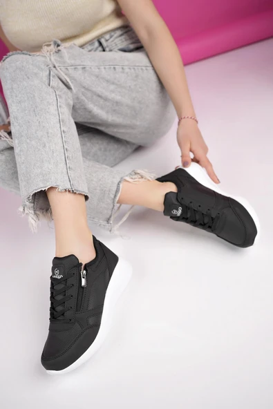 Muggo ASİA Garantili Kadın Ortopedik Günlük Bağcıklı Yandan Fermuarlı Rahat Sneaker Spor Ayakkabı  SİYAH- BEYAZ 37