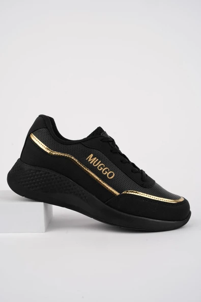 Muggo COCO Garantili Kadın Ortopedik Günlük Bağcıklı Şık Rahat Sneaker Spor Ayakkabı  SİYAH - ALTIN 36 - 2