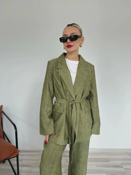 Kadın Keten Ceket Pantolon Takım Haki - Resim 4