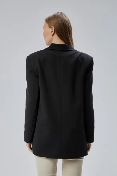 Siyah Oversize Kruvaze Yaka Astarlı Blazer Ceket - 8