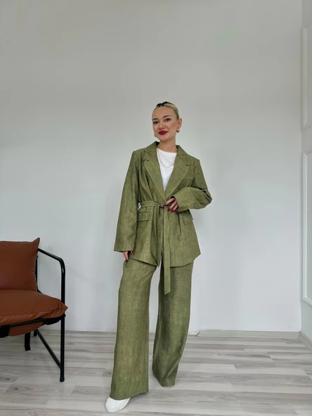 Kadın Keten Ceket Pantolon Takım Haki - Resim 3